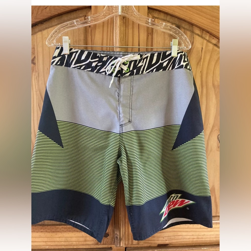 Men’s Mountain Dew gray green striped swim trunks board shorts size 32